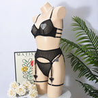 Ellolace Daring Women's Lingerie Sets Fancy Sexy Bra Belt Thong 3PC with Leg Circles Romantic Heart Rhinestone Women Underwear