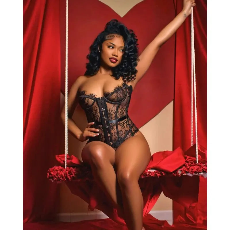 Sexy Lingerie for Women Sensual Lace Corset 2PC Set Sheer Strapless Slimming Tops + Thongs Clubwear Sexy Body Shaping Underwear