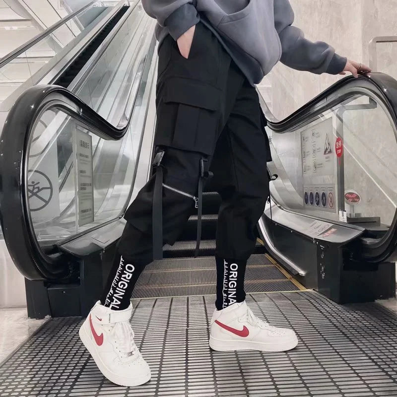 Y2K Joggers Cargo Pants For Men Casual Hip Hop Pocket Male Trousers Sweatpants Street Ribbons Techwear White Pant Pantalon Homme