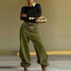 Women's Vintage Asymmetric Overlay Patch Jeans High Waist Washed Denim Jogger Pants Loose Wide Leg Streetwear Casual Trousers