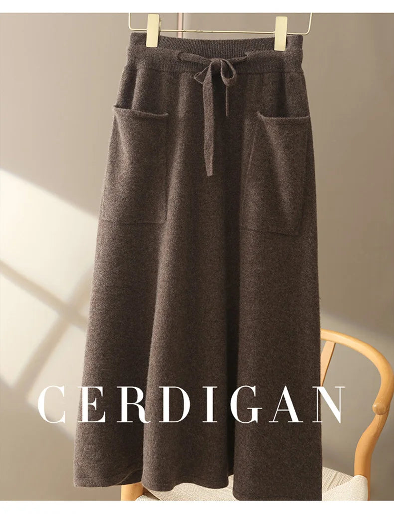 Autumn And Winter100% Pure Wool Skirt Women's Long Pocket Small A Skirt High Waist Slim Cashmere Knit A-Line Skirt