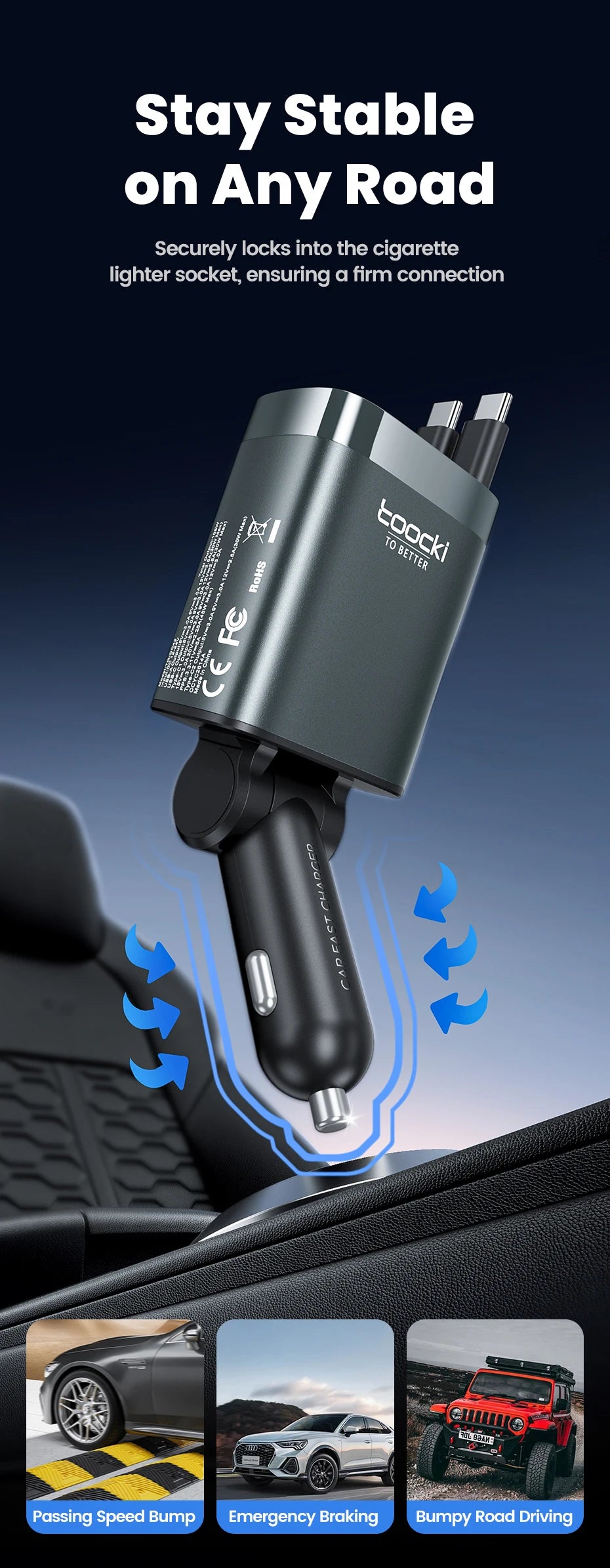 Toocki 105W Car Charger USB C Retractable Cable 0.75m PD 45W QC 3.0 SCP SFC2.0 PPS Fast Charging for iPhone 17 16 Samsung Tablet