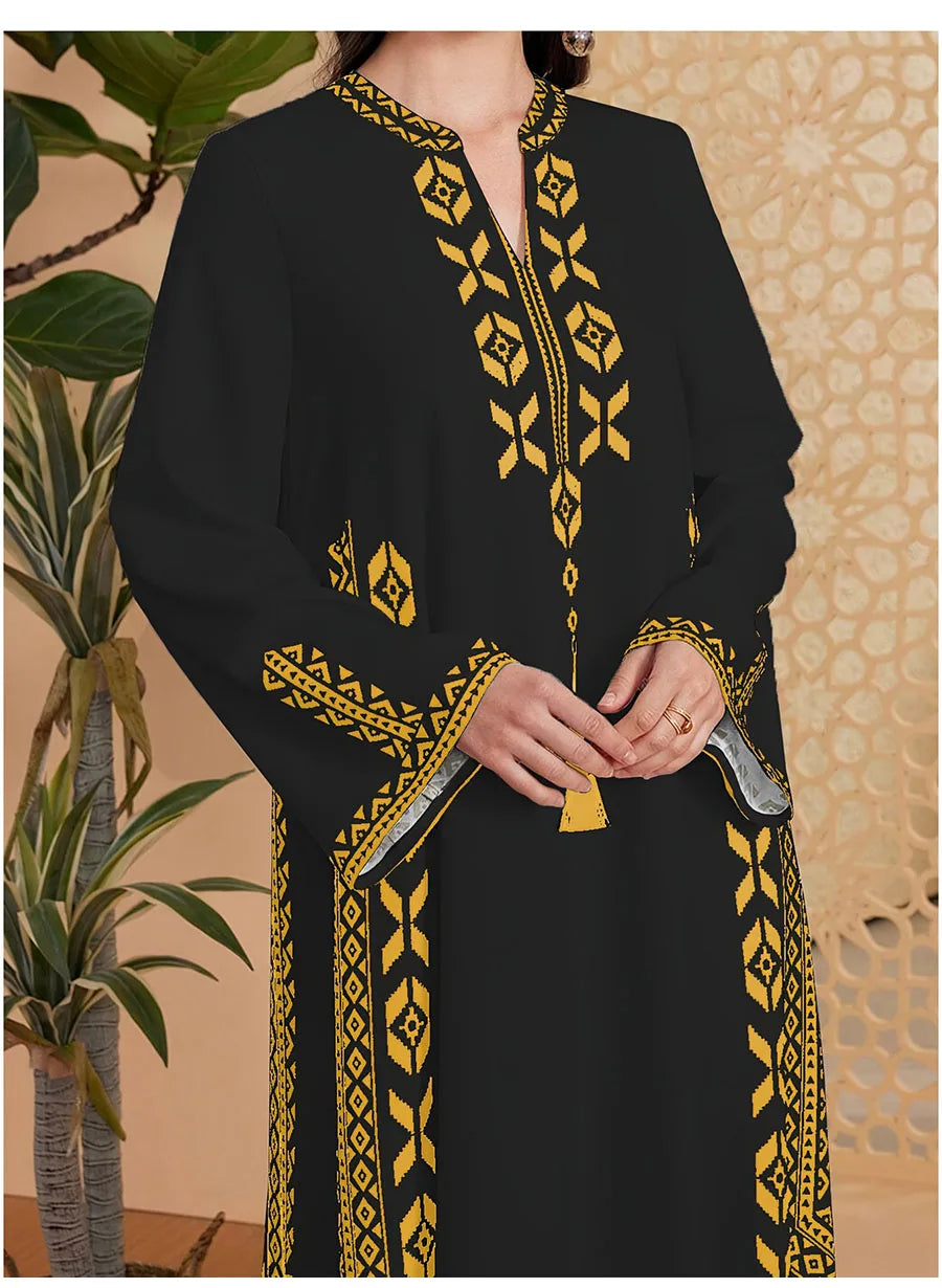 Fashion Muslim Women's Printed V-neck Robe 2025 Autumn V-neck Long Sleeve Arab Ethnic Style Printed Maxi Dress For Women Elegant