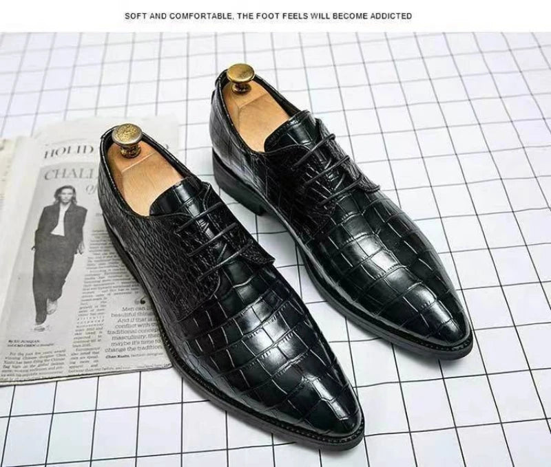 Mens Brown Crocodile Embossed Leather Dress Shoes Pointed Toe Lace Up Oxfords Formal Business Office Wedding Party Wear Comforta