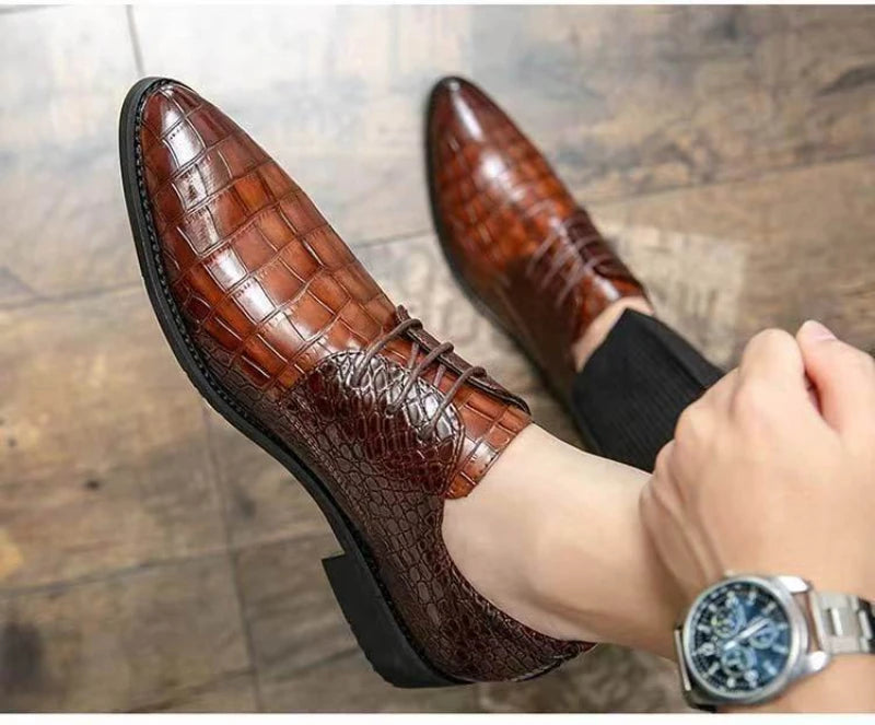 Mens Brown Crocodile Embossed Leather Dress Shoes Pointed Toe Lace Up Oxfords Formal Business Office Wedding Party Wear Comforta