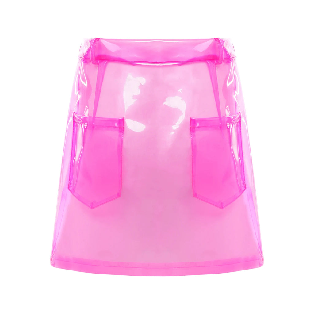 Transparent Pvc Disco Jazz Dance Bodycon Skirt for Women High Waist Pencil Miniskirt with Pockets See Through Cover Up Clubwear