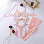 Ellolace Honey Women's Lingerie Sets Romantic Coquette Embroidered Bra 3PC Stockings Premium Gold Thread Jewel Decor Underwear