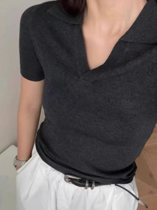 French short shoulder sleeve women's lapel knit top women's spring and summer thin ice silk polo collar  of solid color T-shirt
