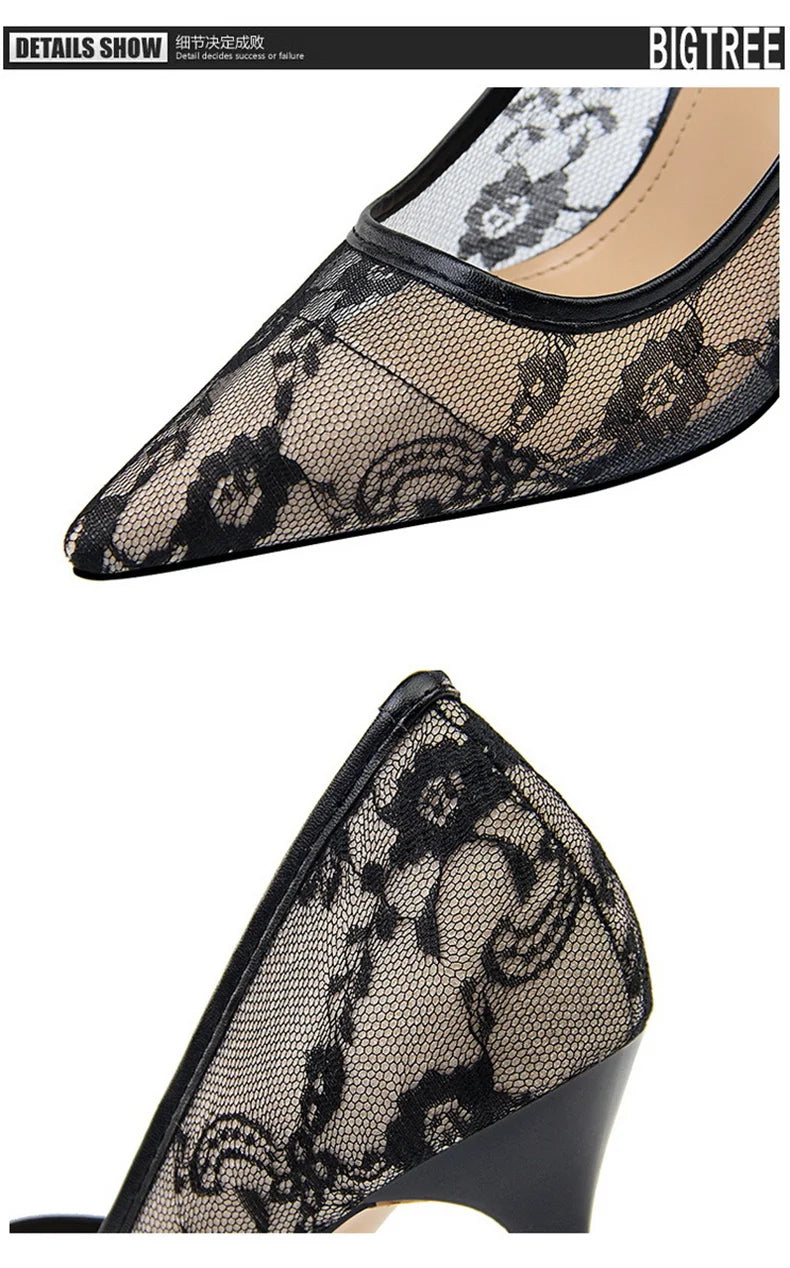 2024 Black Flower Lace Mesh Pumps Women Pointed Toe Shallow Fashion Party Single Shoes Show Thin High Heel Office Shoes