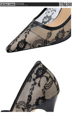 2024 Black Flower Lace Mesh Pumps Women Pointed Toe Shallow Fashion Party Single Shoes Show Thin High Heel Office Shoes