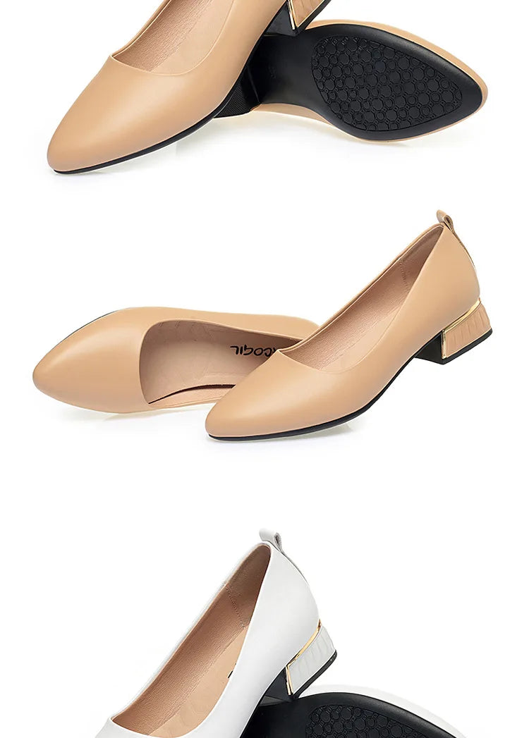 2026 Summer Women's Soft Leather Chunky Heel Pumps  Pointed Toe Low Heel Office Shoes White Work Dress Shoes Size 35-41
