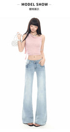 2026 New Ladies American Vintage Washed Micro Flare Denim Pants High Waist Slim Lazy Floor-Length Retro Street Long Jeans