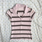 Striped Polo Collar Sweet Slim Shirt Women Short Sleeves Casual Harajuku Crop Top Japanese Style New Vintage Y2K Clothing 2025