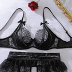 Ellolace Willowy Women's Lingerie Sets Luxury Sequin Bra Belt Thong 3PC with Leg Circles Luxury Tulle Women Intimate Underwear