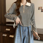 Women's Autumn Polo Shirt 2026 Striped Long Sleeve Drawstring Teddy Bear Collar Slimming T-Shirt