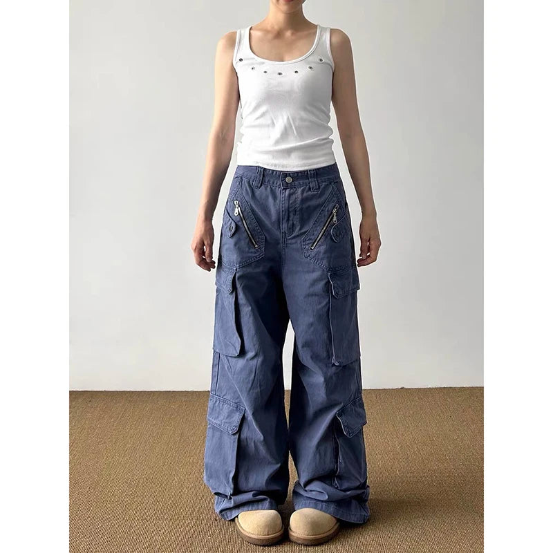 YIBASHU Women's Blue Gothic Emo Y2k Gyaru Baggy Jeans Oversize Denim Trousers Vintage Harajuku Grunge Cargo Wide Leg Jean Pants
