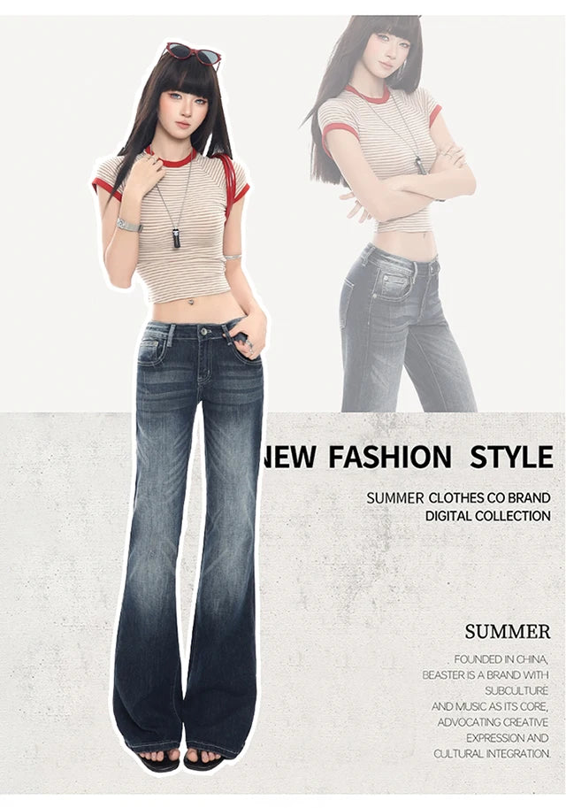 2026 New Ladies American Vintage Washed Micro Flare Denim Pants High Waist Slim Lazy Floor-Length Retro Street Long Jeans