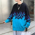 Fashion Gradient Flame Print Oversized Long Sleeve Sweaters Casual Pullovers Men's Clothing All-match Korean Loose Knitting Tops