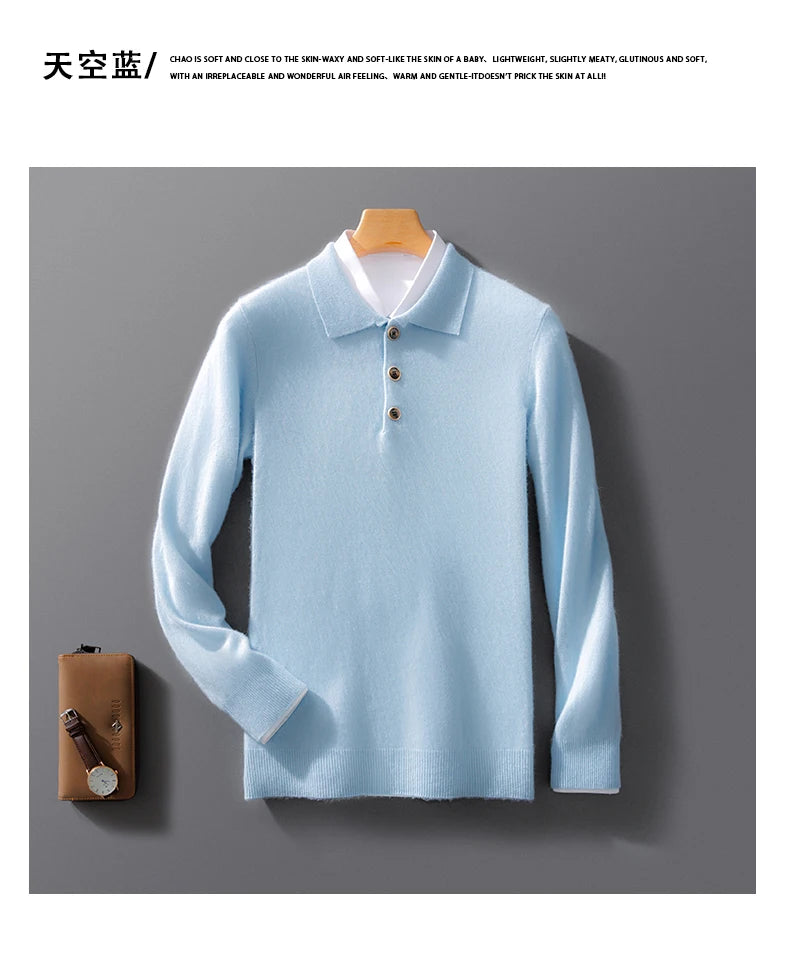 Autumn And Winter New 100 Pure Wool Sweater Men's POLO Collar Button Loose Pullover Sweater Cashmere Knitted Bottoming Shirt