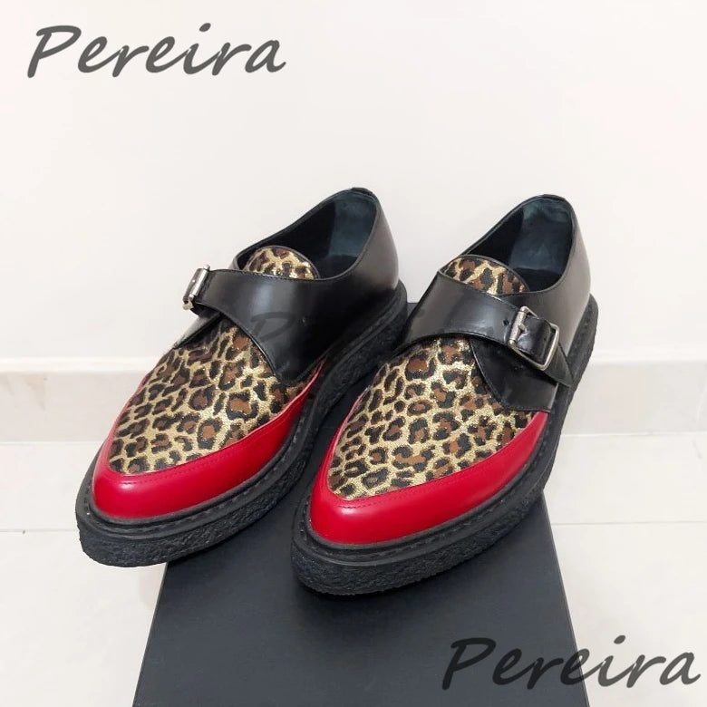 Men's Leopard Print Cowhide Derby Shoes Pointed Toe Genuine Leather Thick Soled Oxfords Spring Summer New Business Dress Shoes