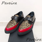 Men's Leopard Print Cowhide Derby Shoes Pointed Toe Genuine Leather Thick Soled Oxfords Spring Summer New Business Dress Shoes