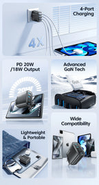 Toocki 40W GaN Fast Charger QC4.0 PD3.0 AFC SCP 4 Port USB Type C Charger for iPhone 16 15 14 Samsung S25 S24 Xiaomi Huawei OPPO