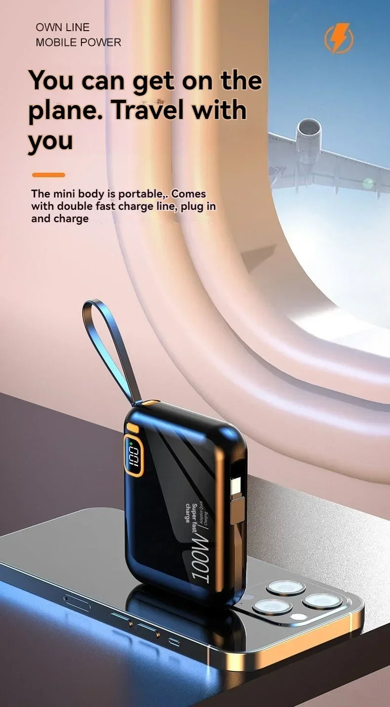 Portable Mini Power Bank, 66W, 20000mAh, Built-in Cable, PD20, Super Fast Charging, Compact, New