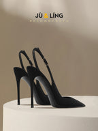 New Baotou fine heeled sandals for women, black with a buckle strap and a back strap, fashionable suede high heels