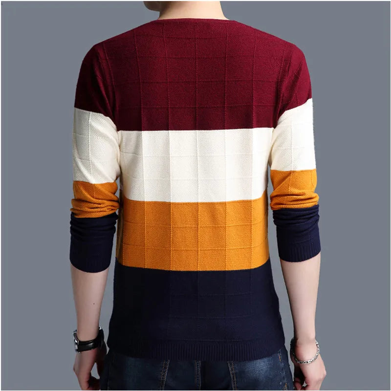 BROWON Brand-sweater Autumn Men's Long Sleeve Slim Sweaters New V-neck Fit Sweater Striped Bottom Sweaters Large Size M-4XL