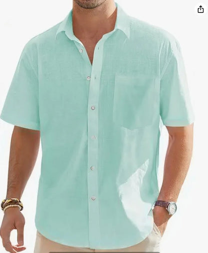 Men's Cotton Linen Short Sleeve Shirt Casual Button Down Shirt with Pocket Summer Beach Breathable Loose Tops Large size S-6XL