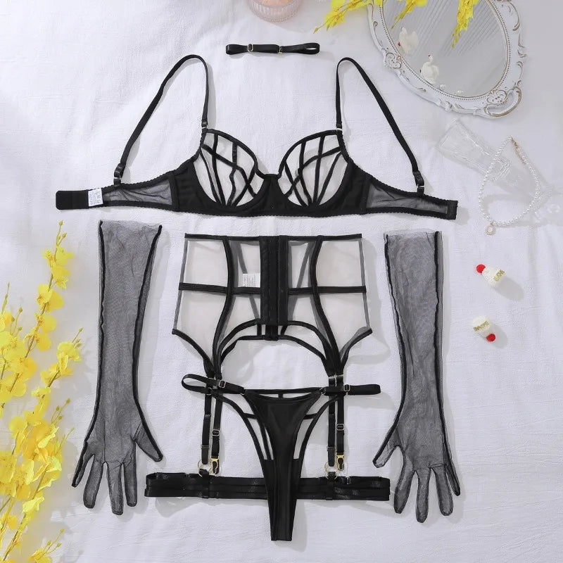 Tornova Sexy Lingerie Suit for Women Solid Color Mesh Patchwork See-through Women's Underwear Suit Sexy Gloves Garters Underwear