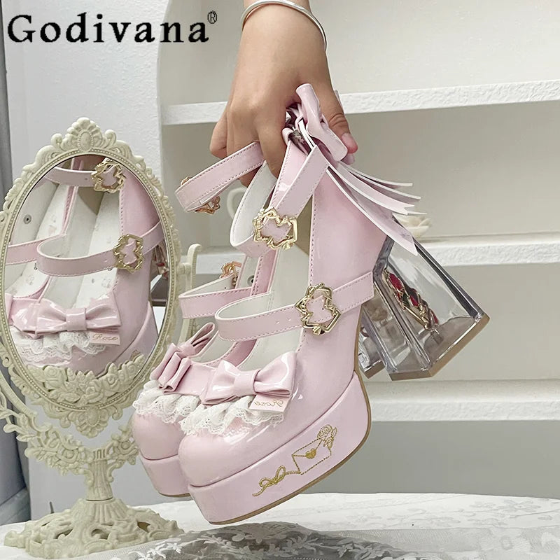Original Design Lolita High Heeled Shoes Women Round Head Thick Sole Cute Shoes Female Versatile Elegant Mary Jane Pumps