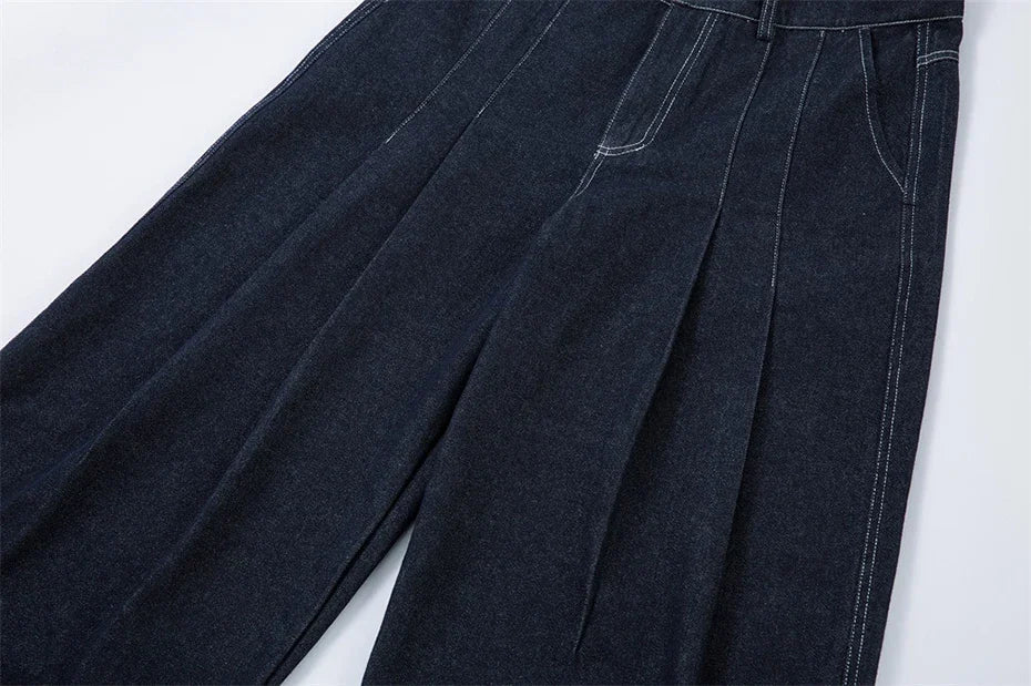 【Mirrordust】Pleated Baggy Jeans Men Loose Wide Leg Jeans Trousers Streetwear Harajuku Hip Hop Jeans Denim Pants