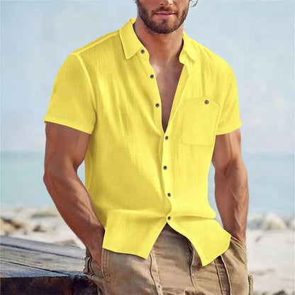 Men's Linen Blend Short Sleeve Button Down Shirt Casual Beach Top with Chest Pocket Breathable Lightweight Summer Shirts for Men