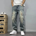Trendy Edgy And Stylish Men's Jeans With Patchwork Embroidery And Prints Loose-fitting Straight Leg