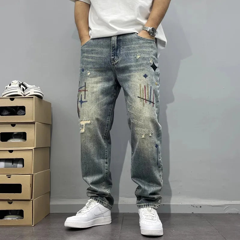 Trendy Edgy And Stylish Men's Jeans With Patchwork Embroidery And Prints Loose-fitting Straight Leg
