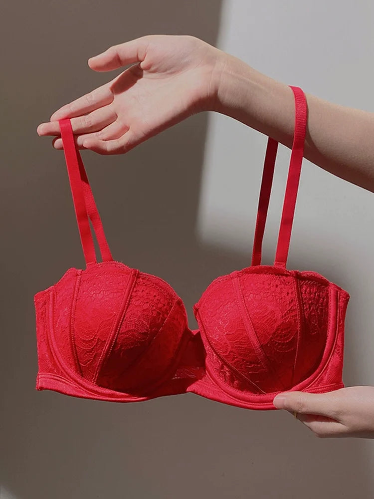 Lace Bra Set Women Floral  with Lace Bra Panty Lingerie Set Push up Fashion Sexy Gather Black Underwear