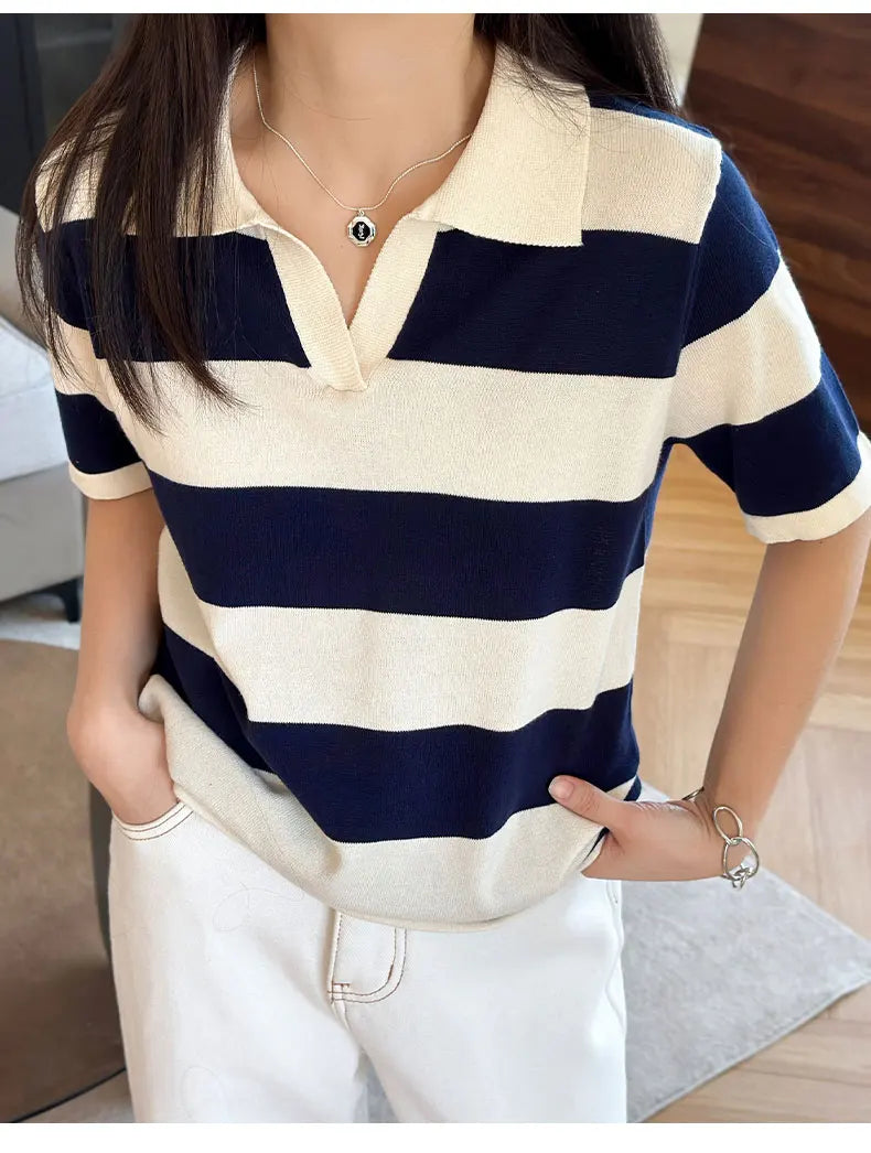 WinvyNee Summer Half Sleeved Women's Solid Polo Shirt Casual Cotton Striped Top T-shirt Women Clothing Casual Knitted A1002022