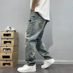 Trendy Edgy And Stylish Men's Jeans With Patchwork Embroidery And Prints Loose-fitting Straight Leg