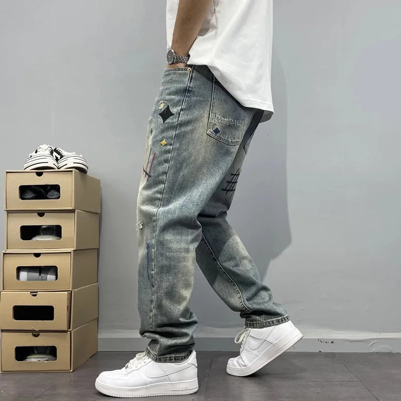 Trendy Edgy And Stylish Men's Jeans With Patchwork Embroidery And Prints Loose-fitting Straight Leg