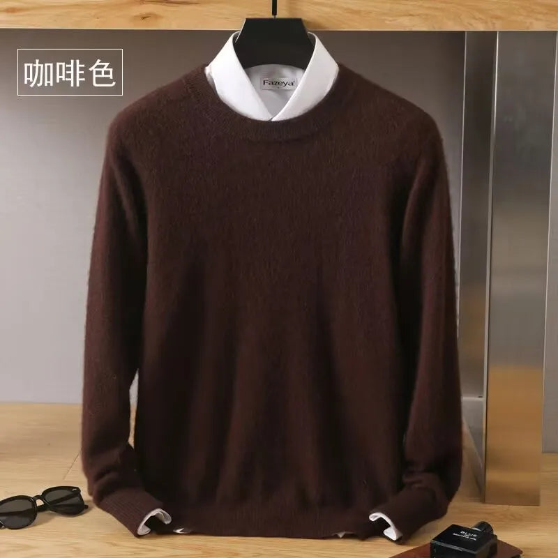 Autumn Winter 100% Mink Cashmere Sweater Men's Round Neck Pullover Loose Solid Color Plus Size Base Knit Business Casual Sweater