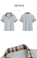 New Women Summer Cotton Polo T-shirt Fashion Button Plaid Turn-down Collar Short Sleeve Slim T-shirt Simplicity Casual Tees Tops