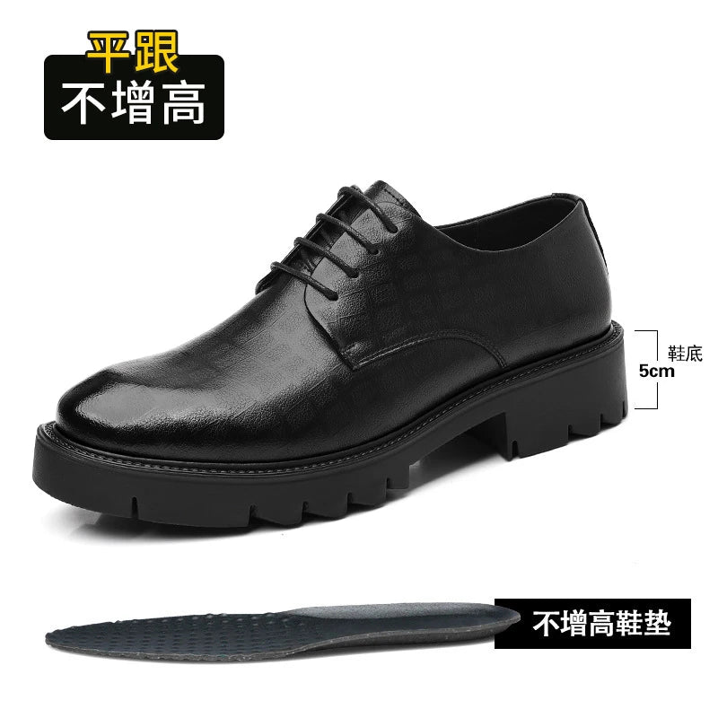 Men's Thick-Soled Low-Cut Business Formal Leather Shoes With Lace-Up Height Increase Groom's Wedding Shoes With Suit Shoes
