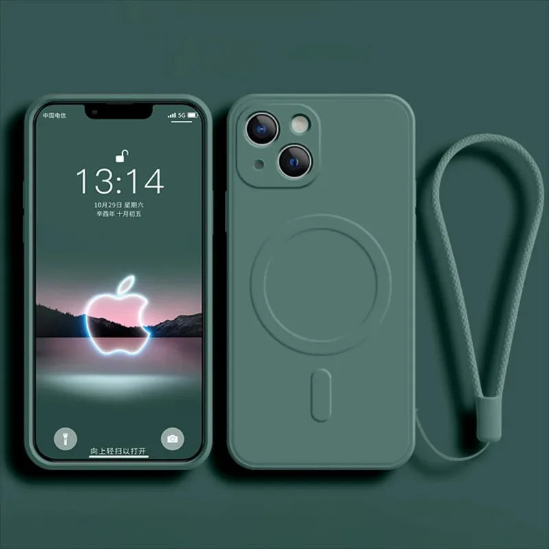 For Magsafe Magnetic Wireless Charge Case for IPhone 15 16 14 13 12 11 Pro Max Mini XR XS Plus Soft Liquid Silicone Strap Cover