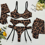 5Pcs Leopard Lingerie Set With Garter Belt Stockings Gloves Mesh Bra and Panty Set Strappy Underwear Erotic Costume For Women