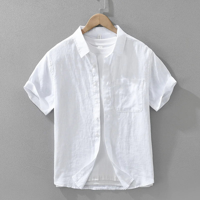 100% Linen Short Sleeve Shirt for Men Breathable Summer Casual Top Minimalist Loose Fit Button-Up Shirt  Natural Wrinkle Texture