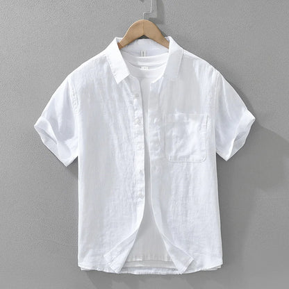 100% Linen Short Sleeve Shirt for Men Breathable Summer Casual Top Minimalist Loose Fit Button-Up Shirt  Natural Wrinkle Texture
