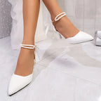 Pointed Toe Pearl Ankle Strap High Heels Pumps Women White Satin Bowknot Banquet Party Shoes Woman Elegant Stiletto Heeled Pumps