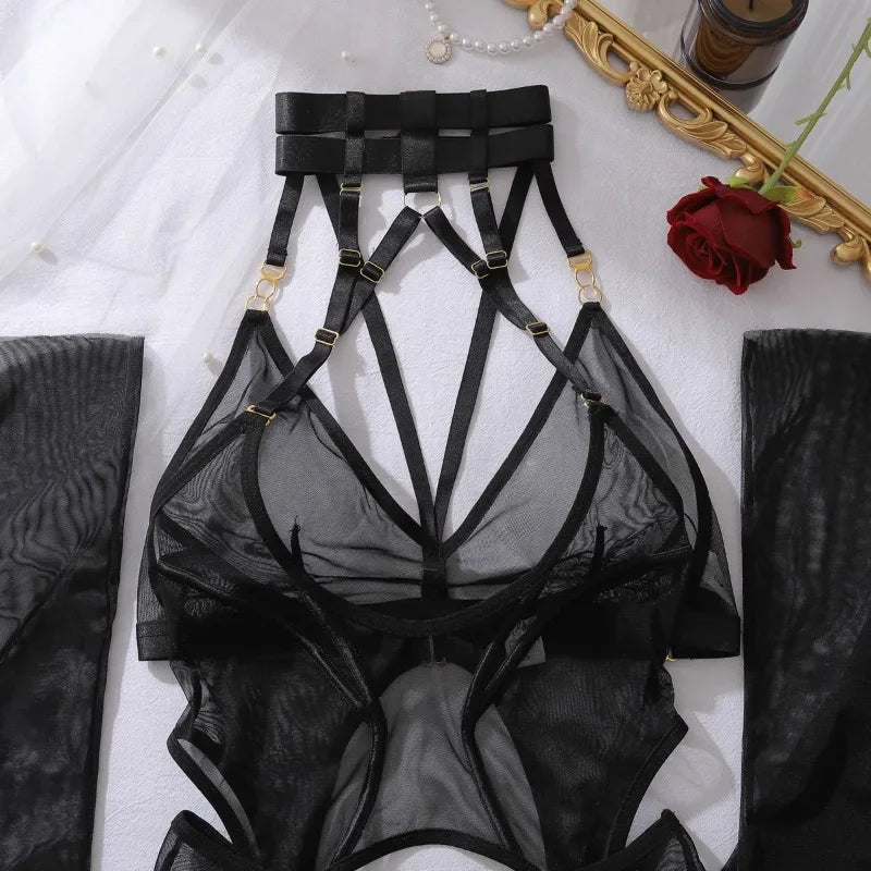 Lingeries Sexy Hot Tempted Intimate Bra Thong 2PC Set with Garter Belts Stockings Gloves Fantasy Sheer Daring Lingerie for Women