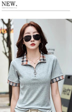 New Women Summer Cotton Polo T-shirt Fashion Button Plaid Turn-down Collar Short Sleeve Slim T-shirt Simplicity Casual Tees Tops